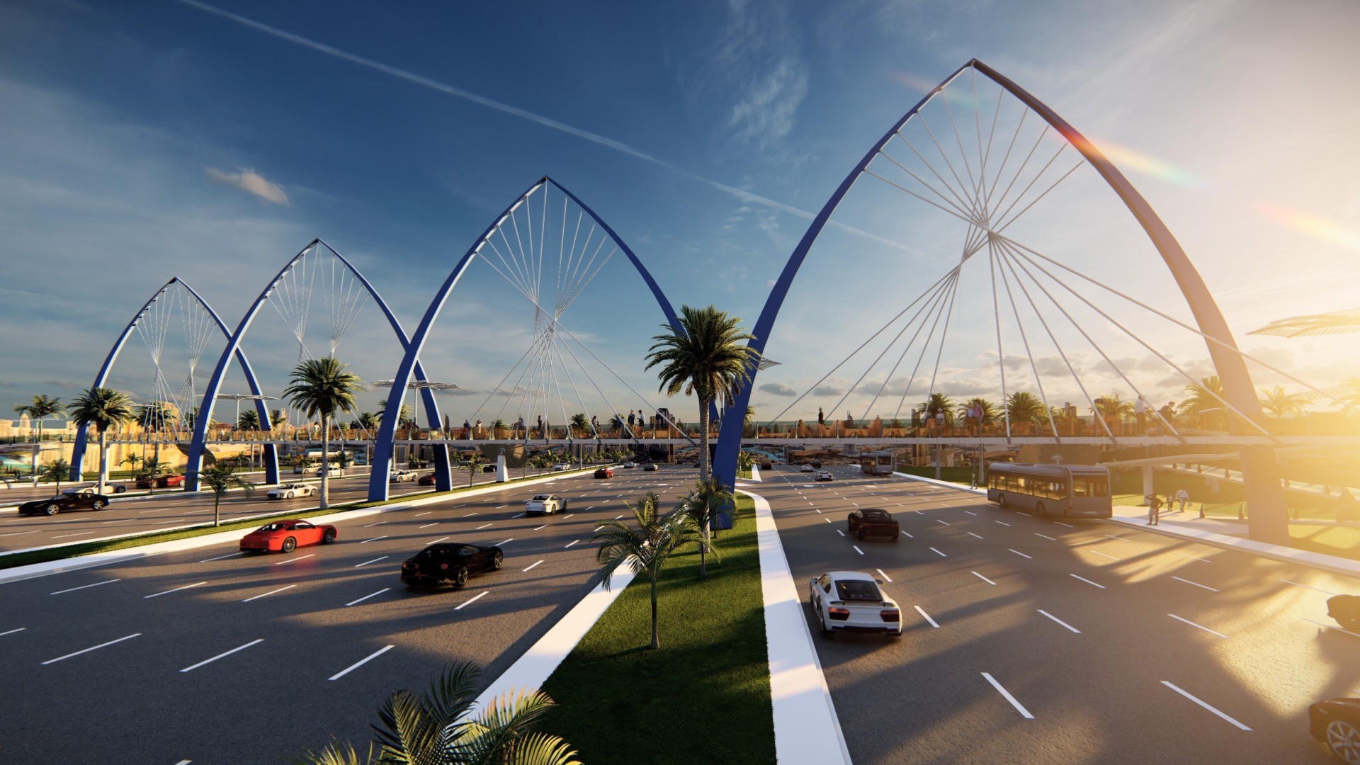 Visualización de pasarelas del proyecto Elementos urbanos, Dubái 2025.